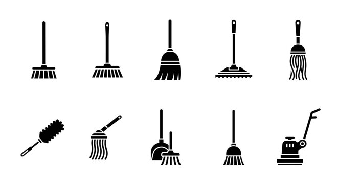 Cleaning tools icons set with broom mop rake and vacuum vector
