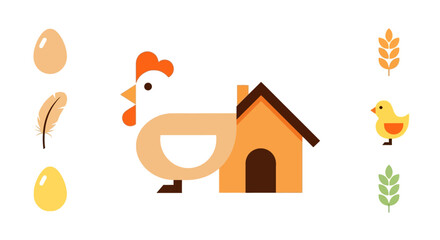 Fototapeta premium Friendly flat illustration of chicken standing beside simple house icon symbolizing home farming, poultry care and rural living concepts, minimal vector artwork with warm earthy colors, clean geometri