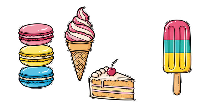 Dessert icons set with macaron icecream cake and popsicle vector
