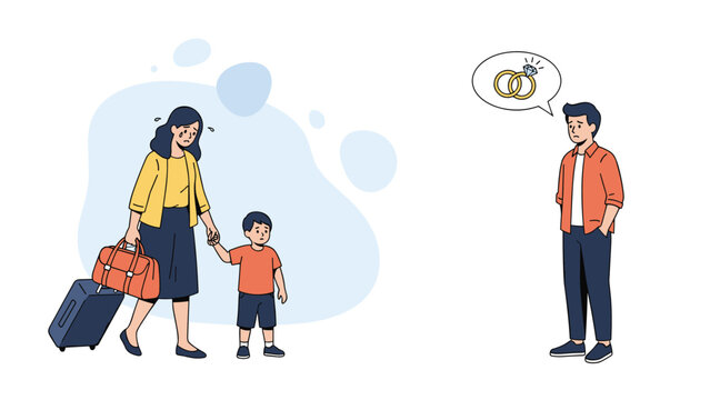 Sad woman and child with suitcases walk away from a man who is thinking about marriage and wedding rings in a thought bubble.