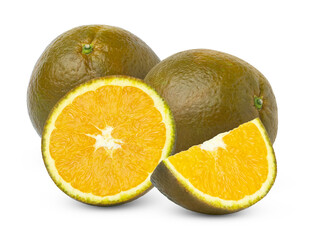 Chocolate orange fruits and cut in half and in slice of chocolate orange isolated. Navel chocolate oranges with clipping path.