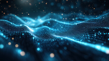 Fototapeta premium Glowing digital wave made of blue particles in a dark abstract space. technology flow, data stream, futuristic concept.