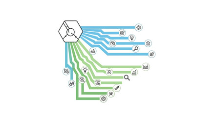 Artificial intelligence ecosystem circular workflow diagram vector illustrating machine learning, data input, neural processing, automation output, and continuous feedback loop in clean flat infograph