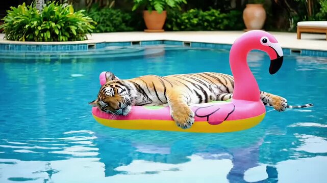Tiger relaxing on a flamingo float in a tropical swimming pool