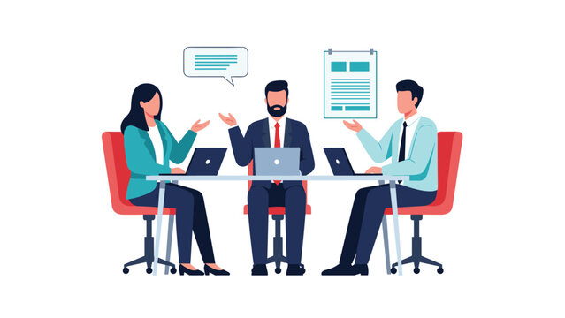 Three business people discuss corporate projects at a meeting table with laptops and a document icon floating in a clean office environment.