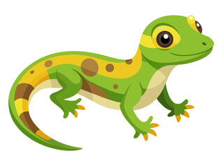 Fototapeta premium Colorful cartoon gecko with green and yellow spots on its body and big eyes on a white background