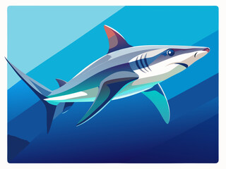Naklejka premium Dynamic ocean scene featuring majestic blue shark swimming gracefully in sunlit waters with vibrant shadows and smooth lines