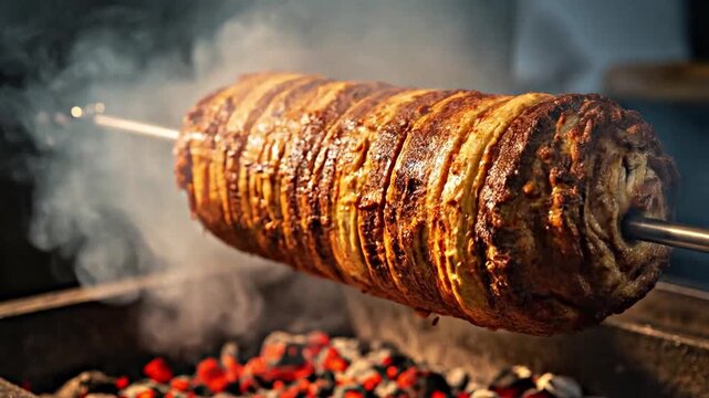Juicy shawarma meat roasting over charcoal with smoky aroma