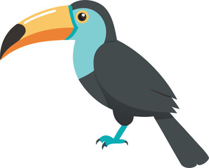 Fototapeta premium Colorful cartoon toucan with bright beak and black feathers on white background