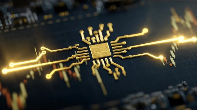 Gold AI Microchip Integrated with Financial Chart Patterns Representing a Pattern Recognition Engine.