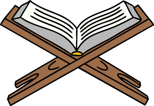 An open book with white pages and black lines, resting on a traditional wooden rehal stand, often used for religious texts like the Quran.