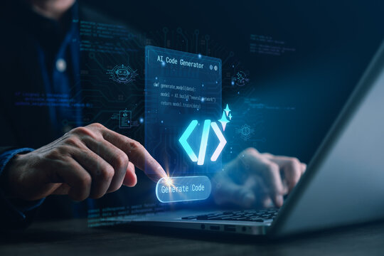 Business professional using AI code generator interface on laptop, activating automated software development system. Concept of artificial intelligence and digital innovation in workspace.