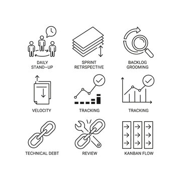 agile scrum and kanban icons showcasing core project management concepts and essential software development workflows.