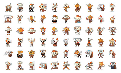 Cartoon coffee and tea characters expressing various emotions and actions
