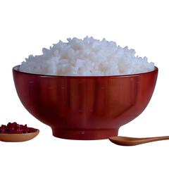A wooden bowl filled with white rice on transparent background