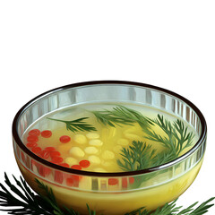A glass bowl of clear broth with herbs and red peppercorns on transparent background