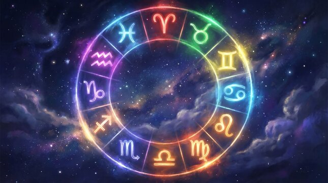 Twelve Zodiac Signs Illustration In A Circle Wheel