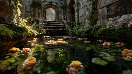 Ancient stone stairs lead to a mysterious arched doorway surrounded by a serene pond with blooming flowers and lush greenery