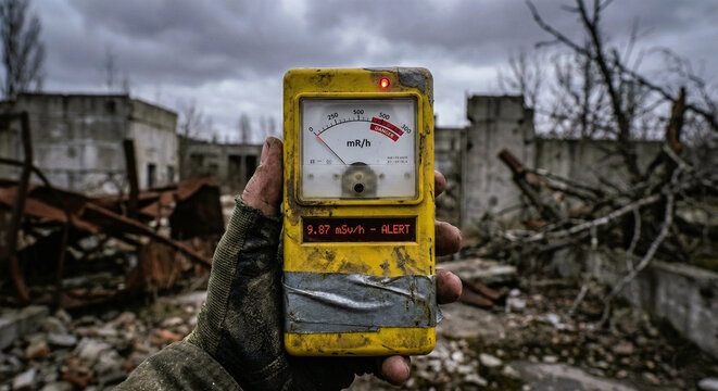 Hand Holding Geiger Counter Showing High Radiation Level