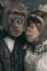 A portrait of two chimpanzees dressed in wedding attire, one in a tuxedo and the other in a lace gown with a tiara, set against a dark background.
