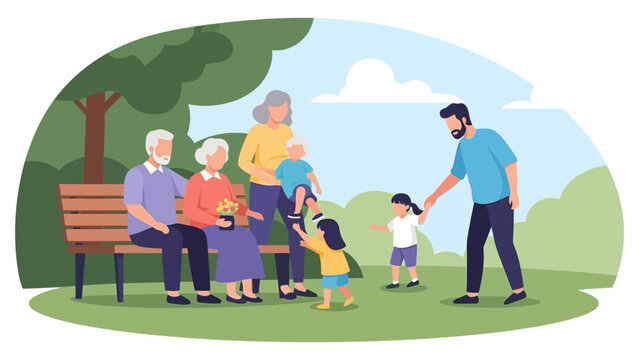 happy multi-generational family enjoying a sunny day outdoors in a park depicting intergenerational bonds and familial happiness.