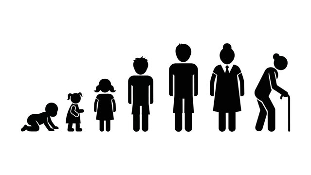 human age progression simple icons depicting life cycle from infant to elderly illustrating growth development and aging process.