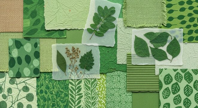 A collage of green leaves and patterns on a green background.