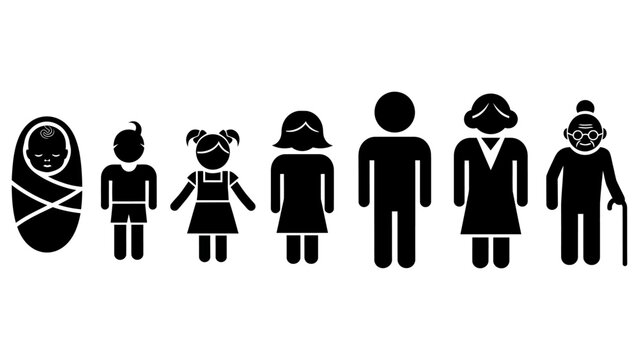 human life stages illustrated by black stick figures from infant to senior representing the full human development and aging cycle.