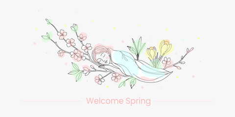 Woman sleeping among spring flowers. Concept of renewal, relaxation, nature and season change for greeting card. © Helena