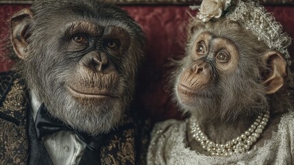A whimsical portrait of two chimpanzees dressed in formal wedding attire, one in a tuxedo and the other in a bridal gown with pearls and lace, set against a rich red backdrop.