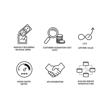 line icons for saas business metrics and technology illustrating mrr cac ltv usage api integration and server scaling.