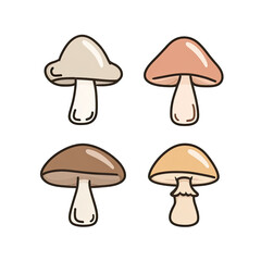 Four stylized fungi illustrations, diverse colors, simple shapes on a pure black background