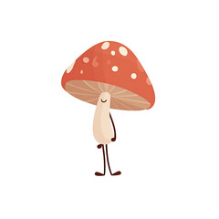 A smiling, anthropomorphic mushroom with a red cap and white spots, on a black background