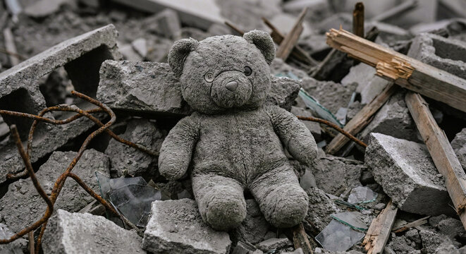 Lonely Teddy Bear Lying in Concrete Rubble After Destruction