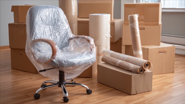 Wrapped office chair in an empty room surrounded by moving boxes and packing materials, ready for relocation or storage in a home or office setting