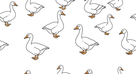 Obraz premium Simple seamless pattern of cute white geese with orange beaks and feet in a repeating design on a clean white background.