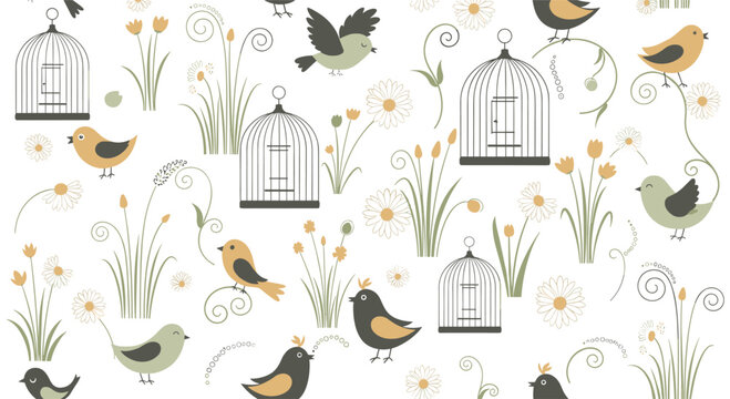 Charming seamless pattern with cute birds birdcages and various flowers and swirls in a soft vintage color palette on white.