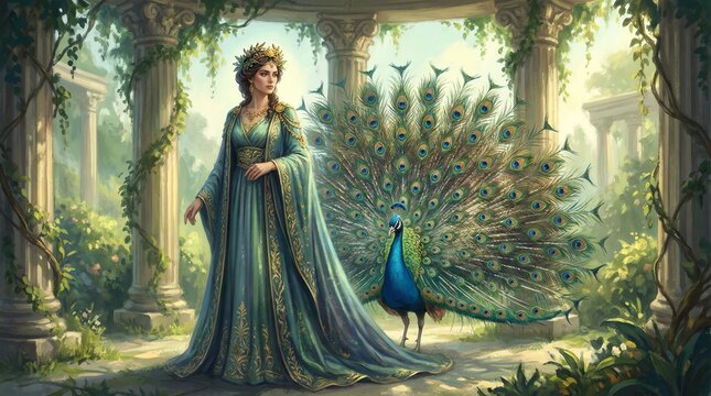 Queen Hera Goddess With Peacock And Royal Crown