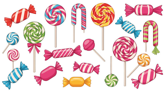 Large collection of colorful cartoon candies including various lollipops candy canes and wrapped sweets isolated on a white background.