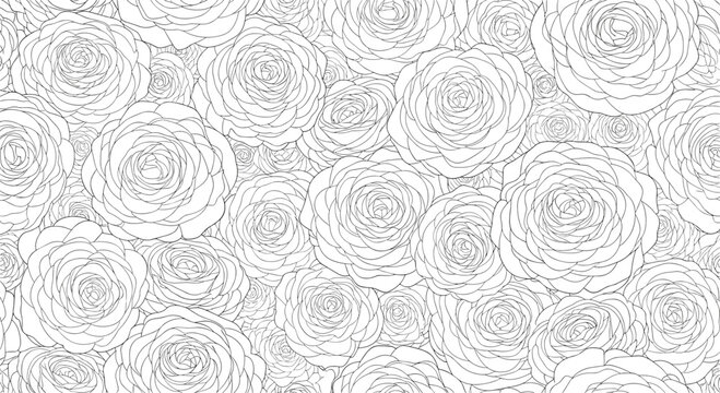 A detailed black and white seamless pattern of overlapping rose flowers perfect for a relaxing coloring page activity.
