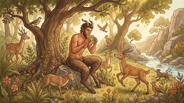 Pan God Of Nature Playing Flute In The Wild