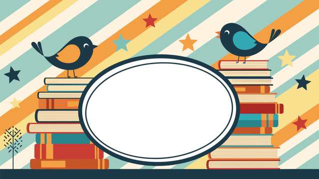 Whimsical birds perched on stacks of books with an oval frame encourage reading, education, and literary love.