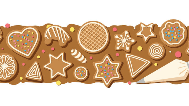 Assorted gingerbread cookies in various shapes like hearts and stars create a delicious winter holiday border.