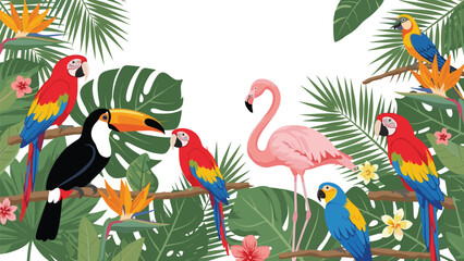 Obraz premium Group of various tropical birds like parrots flamingos and toucans perched among lush green jungle leaves on white.