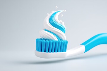 3D macro render of a toothbrush head with blue bristles and a swirl of white toothpaste. Fresh hygiene concept. Water droplets. Clean bathroom lighting