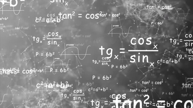 Abstract mathematical formulas and trigonometry equations background with floating numbers graphs and scientific network connections for education science and technology video projects