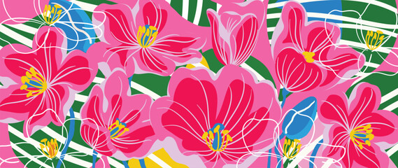 Spring and summer plumeria fuchsia floral background vector illustration with green and white colors. Vibrant botanical design for wallpaper, banners, invitations, fabric and digital templates. © TWINS DESIGN STUDIO