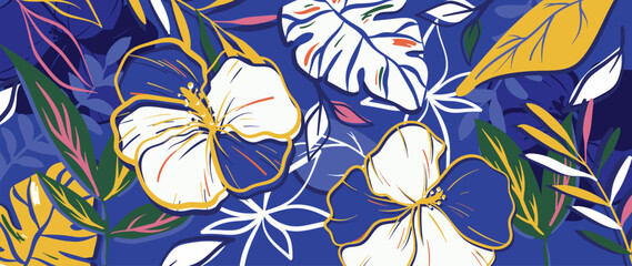 Spring and summer hibiscus navy floral background vector illustration with gold and white colors. Vibrant botanical design for wallpaper, banners, invitations, fabric and digital templates. © TWINS DESIGN STUDIO