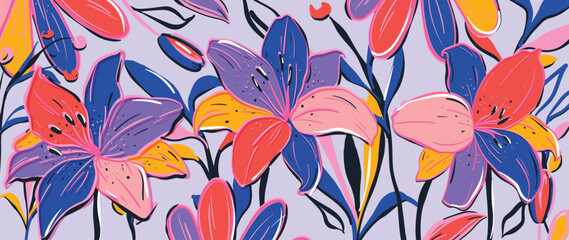 Spring and summer lilies purple floral background vector illustration with coral and navy colors. Vibrant botanical design for wallpaper, banners, invitations, fabric and digital templates. © TWINS DESIGN STUDIO