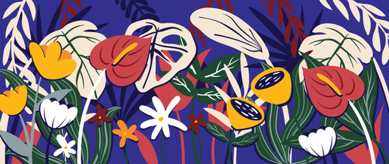 Spring and summer iris indigo floral background vector . Vibrant botanical design for wallpaper, banners, invitations, fabric and digital templates. © TWINS DESIGN STUDIO